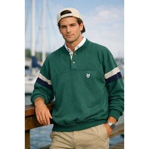 Members Only Sweatshirt Men XL Green Fleece Lined Henley Retro Classic Throwback